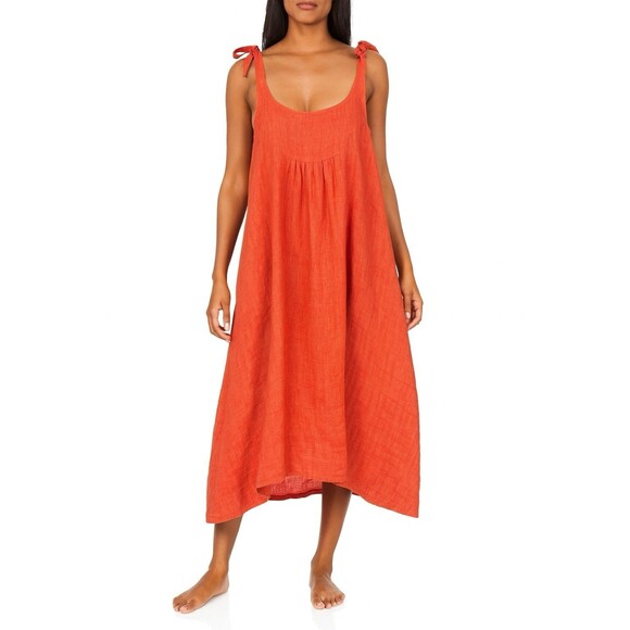 Women’s Red Linen Blend Tie Shoulder Smock Dress Lagenlook Oversized Boho - Picture 1 of 8